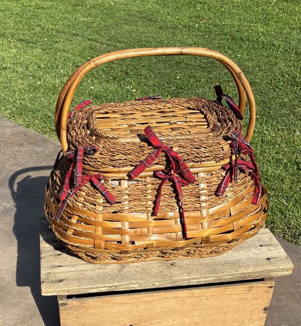 Bamboo & Sisal Rope Lined Picnic Sewing Basket Hinged Lid 2 Handles 20×14×11